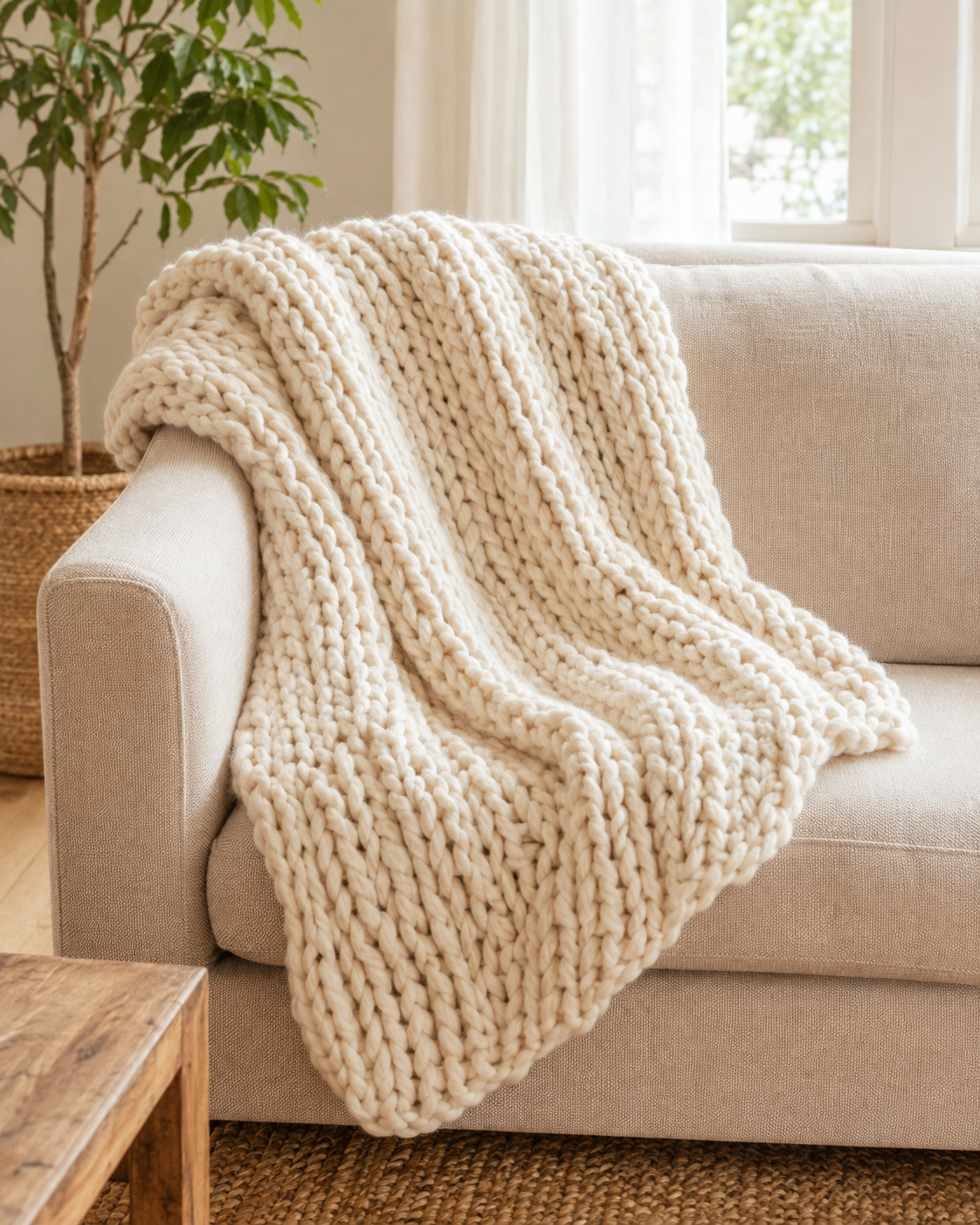 Handmade cream chunky knit throw blanket