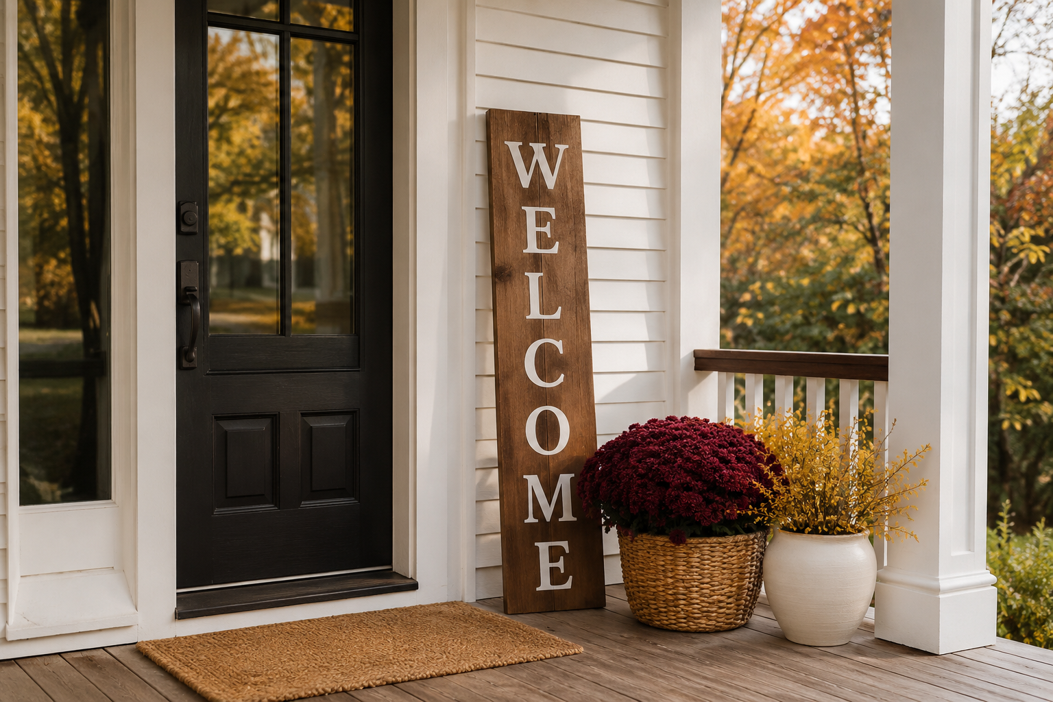 Hand-lettered wood welcome sign on a fall porch, surrounded by mums