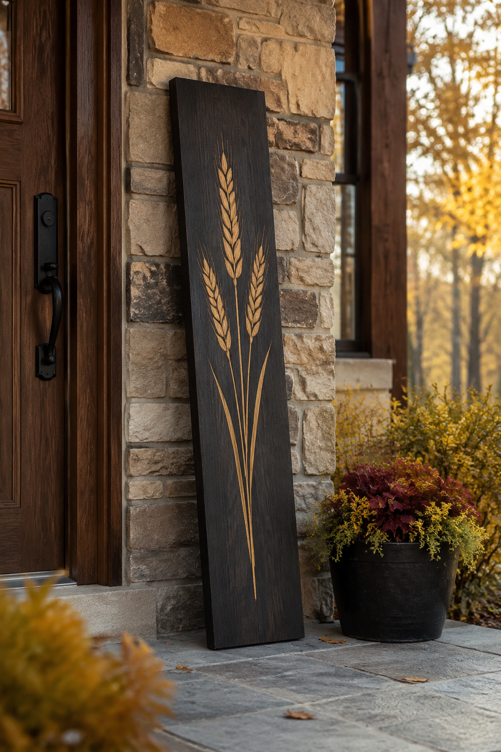 Rustic carved wheat porch sign